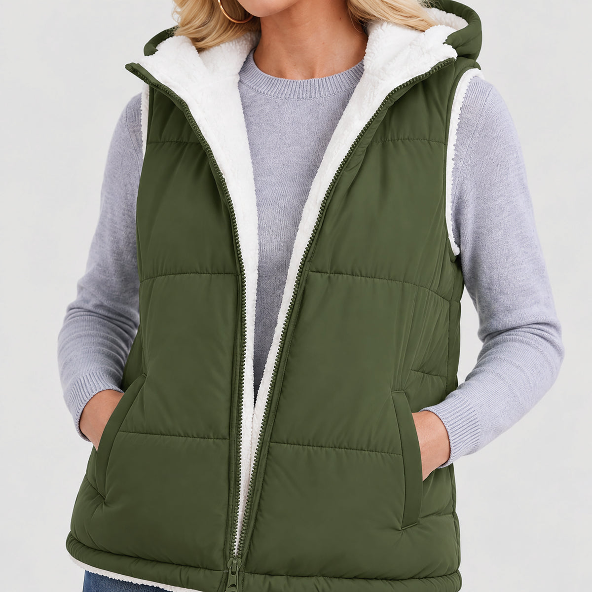 Women's Reversible Fleece Lined Puffer Vest Lightweight Winter Vest with Hood