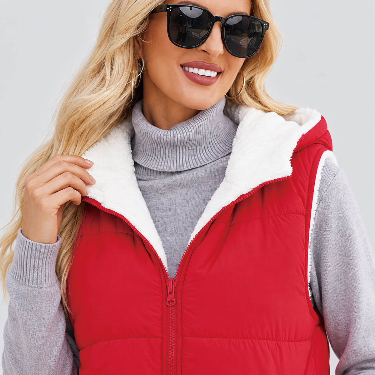 Women's Reversible Fleece Lined Puffer Vest Lightweight Winter Vest with Hood