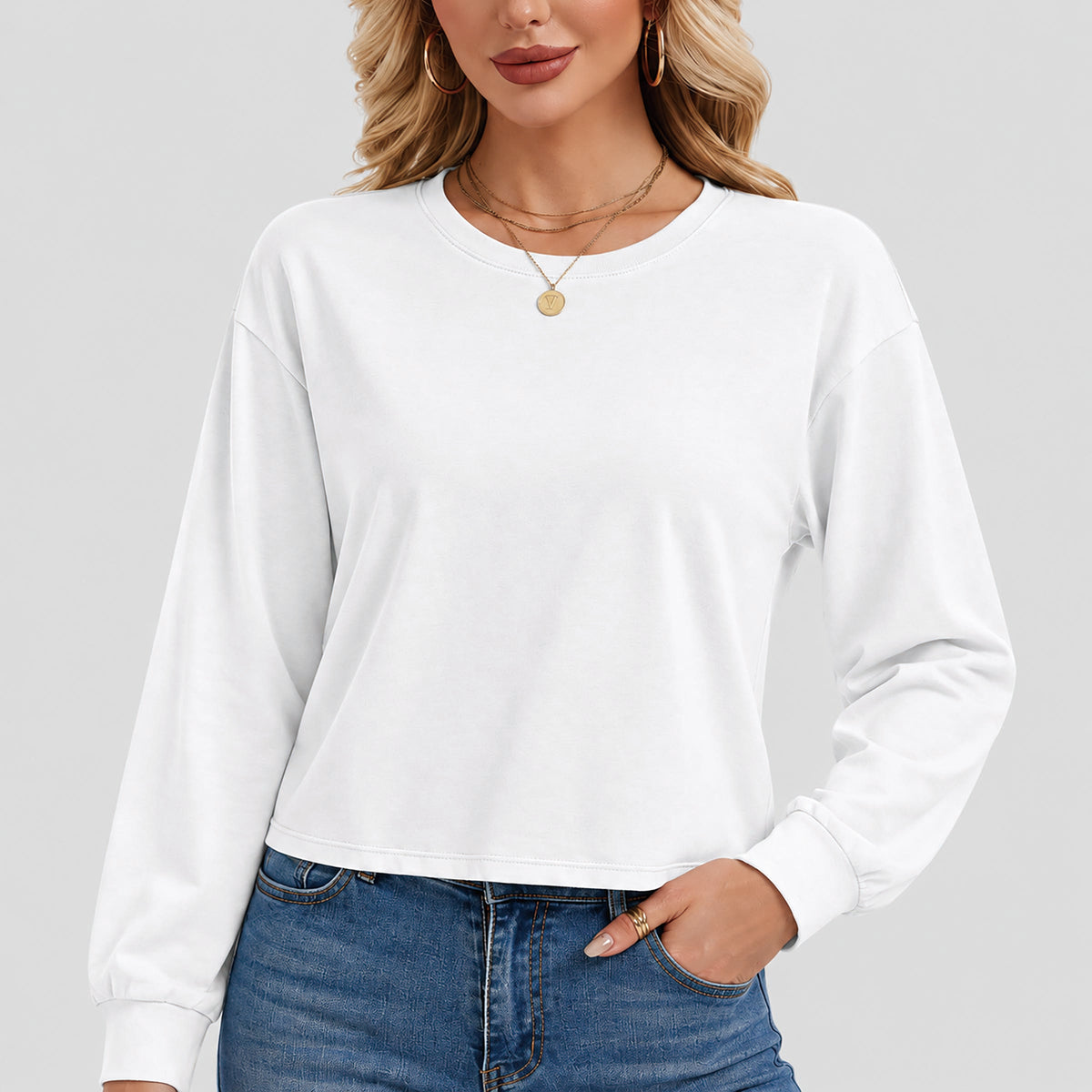 Women's Long Sleeve Cropped Top Crew Neck Casual Lightweight Shirt