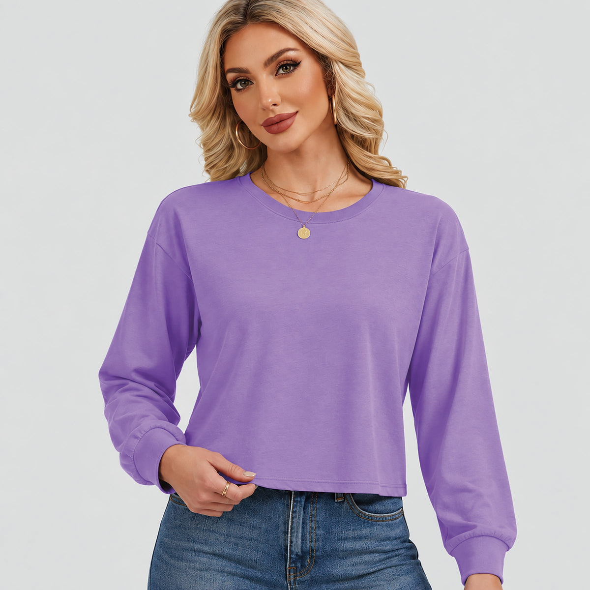 Women's Long Sleeve Cropped Top Crew Neck Casual Lightweight Shirt