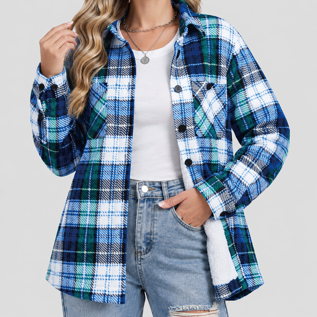 Women's Sherpa Lined Plaid Shacket Warm Flannel Jacket for Fall Winter