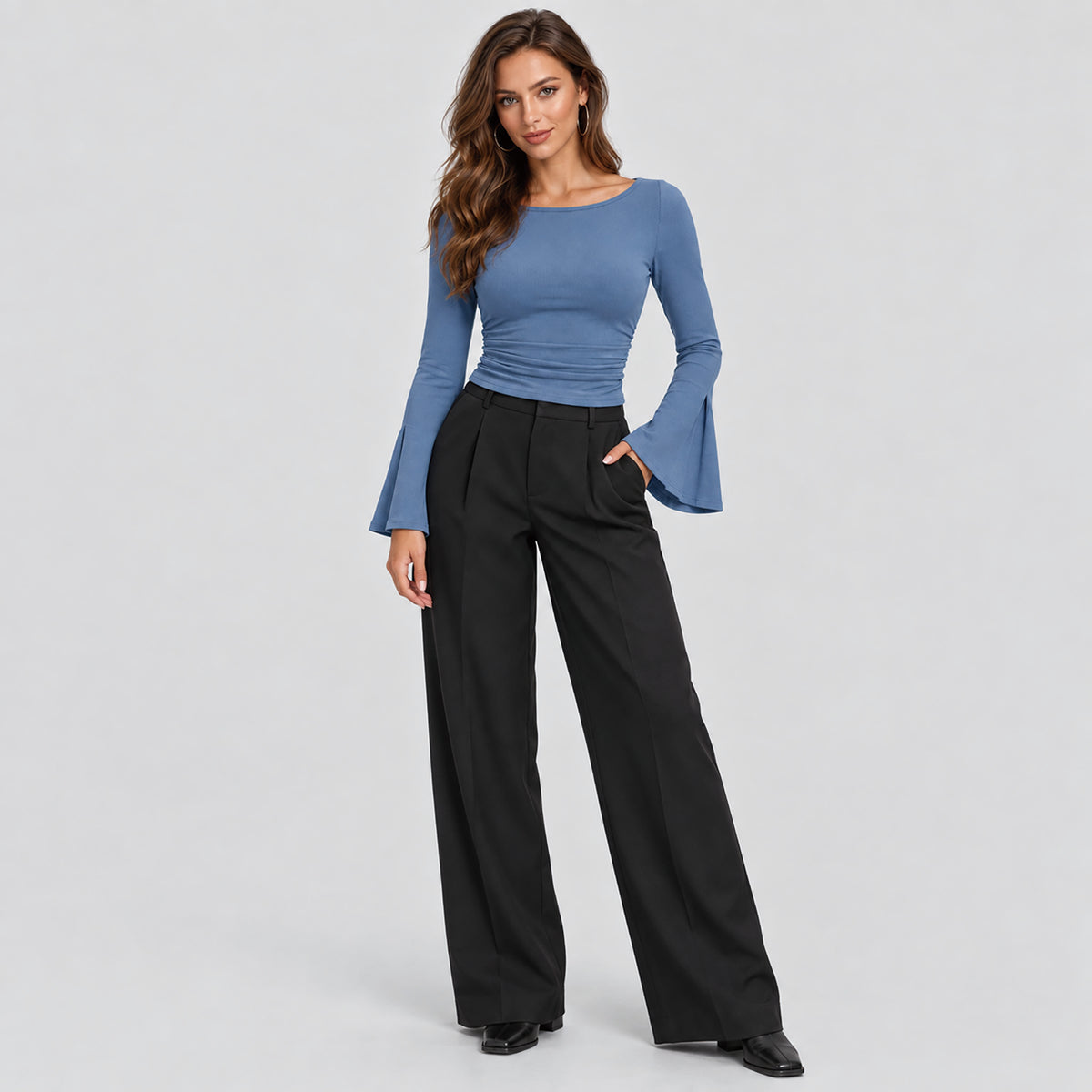 Women's Ribbed Boat Neck Long Sleeve Top Fitted Ruched Casual Shirt