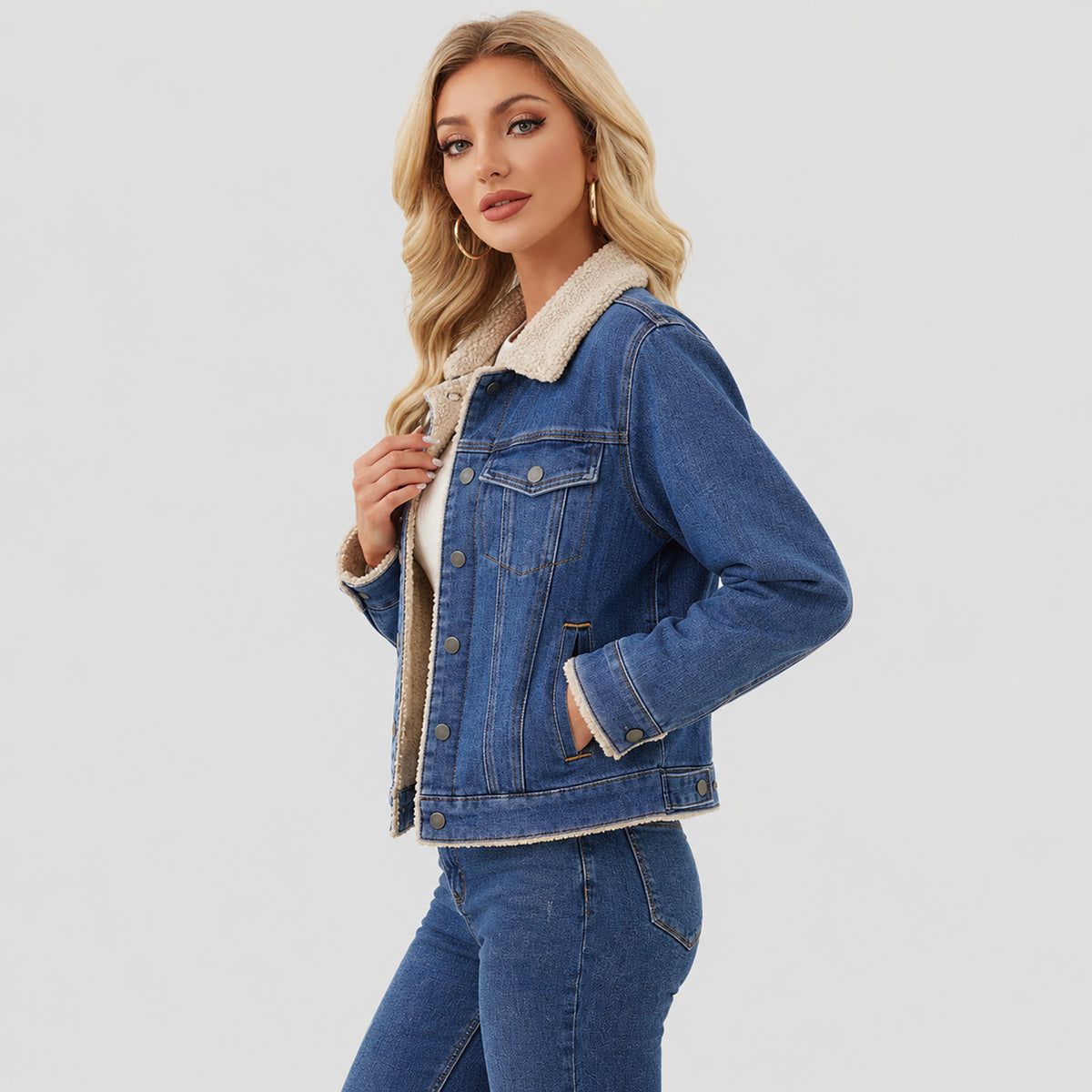 Women's Fleece-Lined Denim Jacket with Warm Collar and Pockets