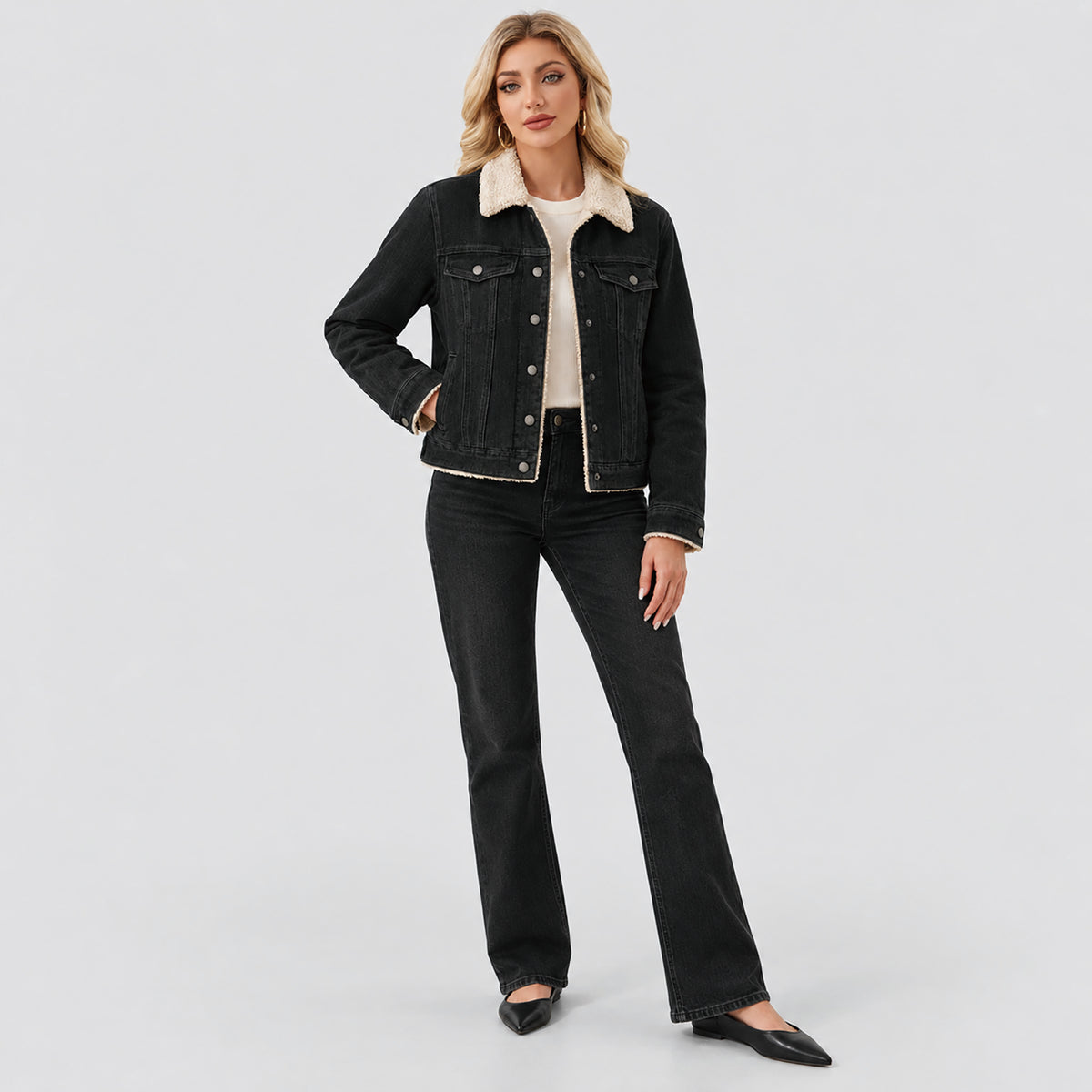 Women's Fleece-Lined Denim Jacket with Warm Collar and Pockets