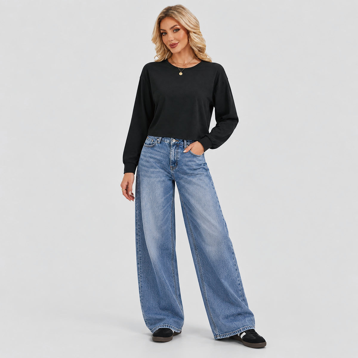 Women's Long Sleeve Cropped Top Crew Neck Casual Lightweight Shirt