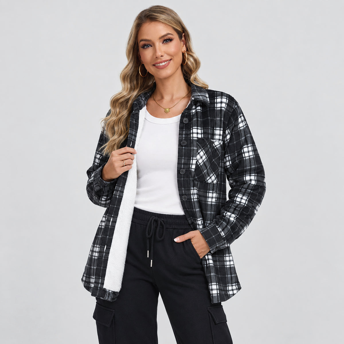Women's Sherpa Lined Plaid Shacket Warm Flannel Jacket for Fall Winter