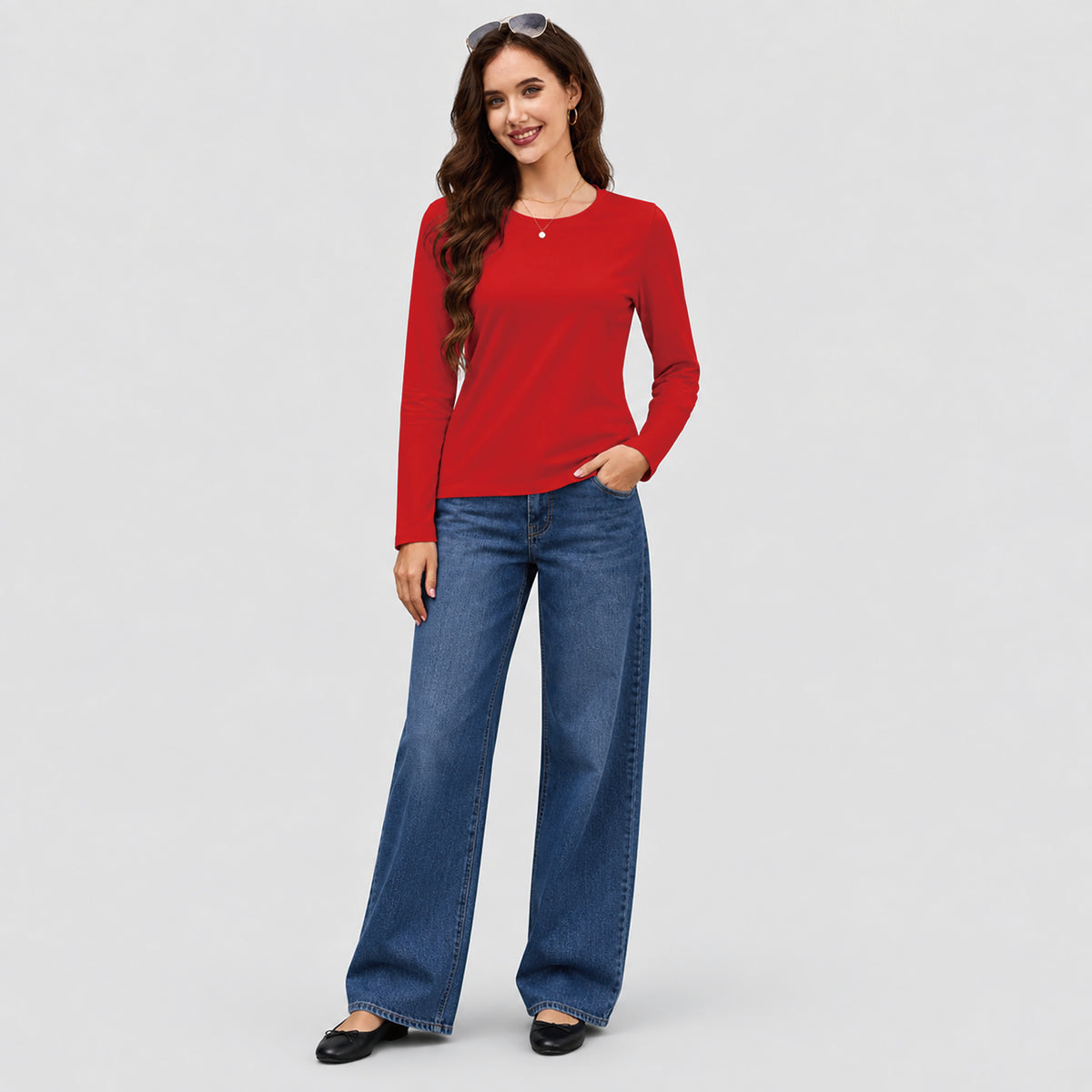 Women's Cotton Long Sleeve Crew Neck T Shirt Soft Casual Basic Tee