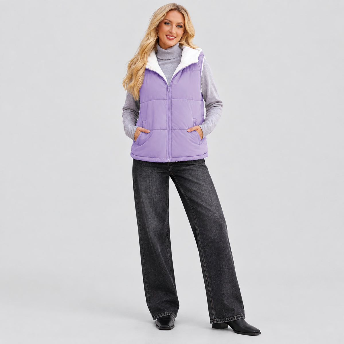 Women's Reversible Fleece Lined Puffer Vest Lightweight Winter Vest with Hood