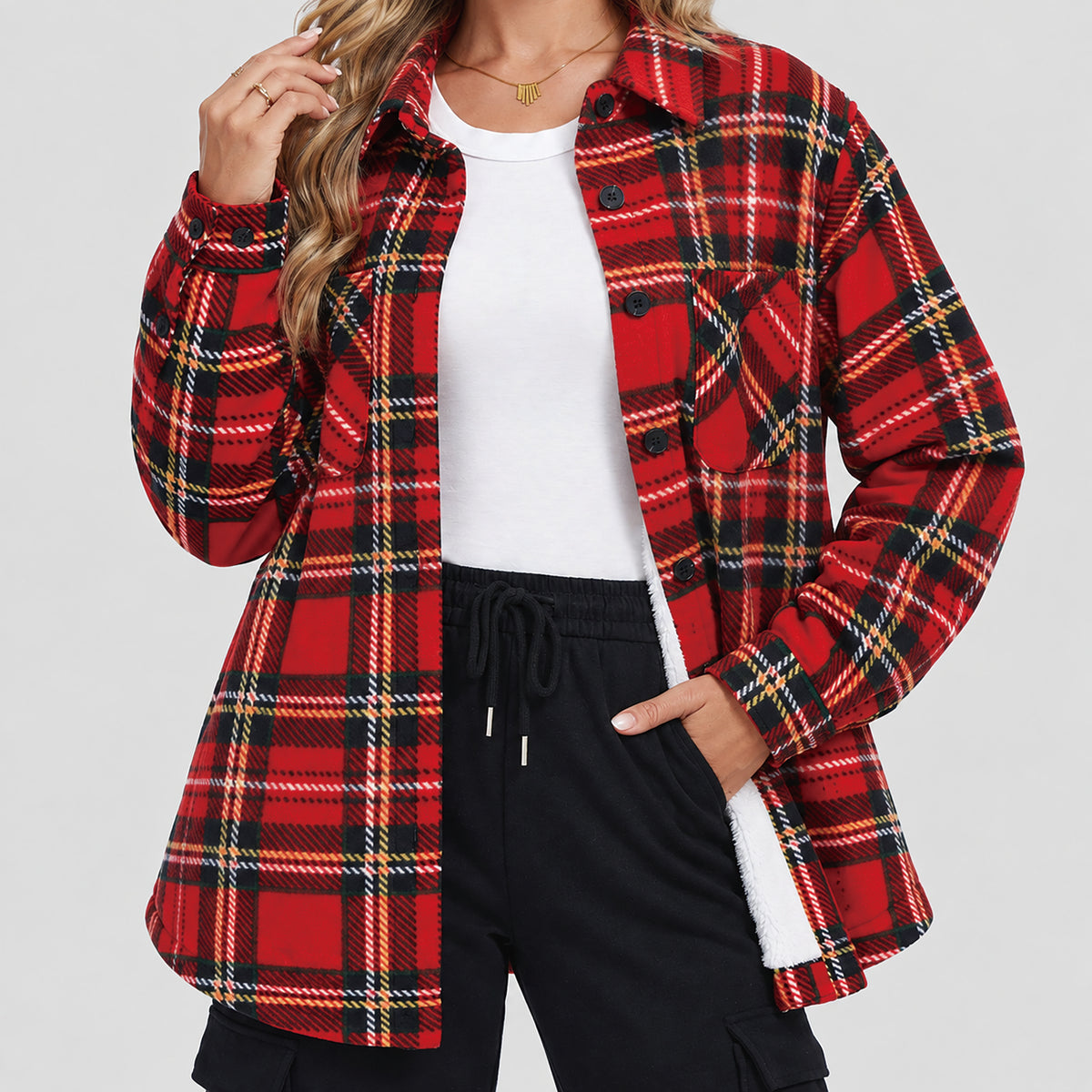 Women's Sherpa Lined Plaid Shacket Warm Flannel Jacket for Fall Winter