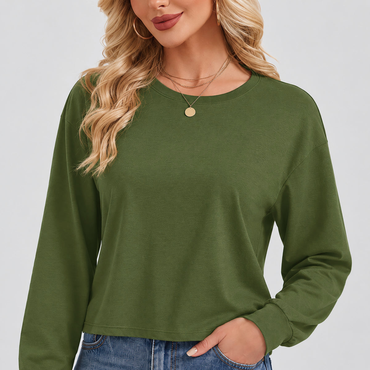 Women's Long Sleeve Cropped Top Crew Neck Casual Lightweight Shirt
