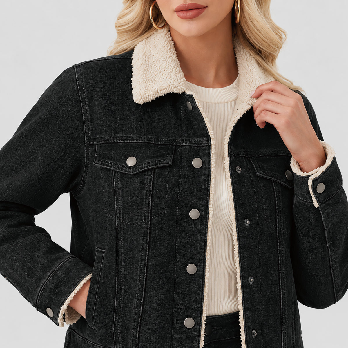 Women's Fleece-Lined Denim Jacket with Warm Collar and Pockets