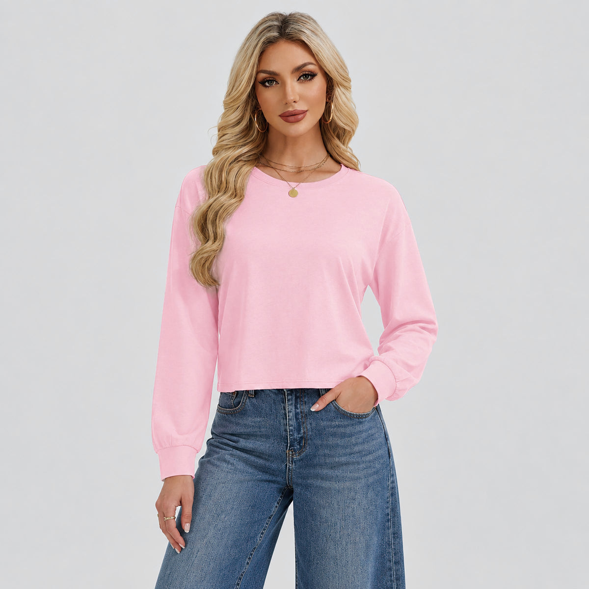 Women's Long Sleeve Cropped Top Crew Neck Casual Lightweight Shirt