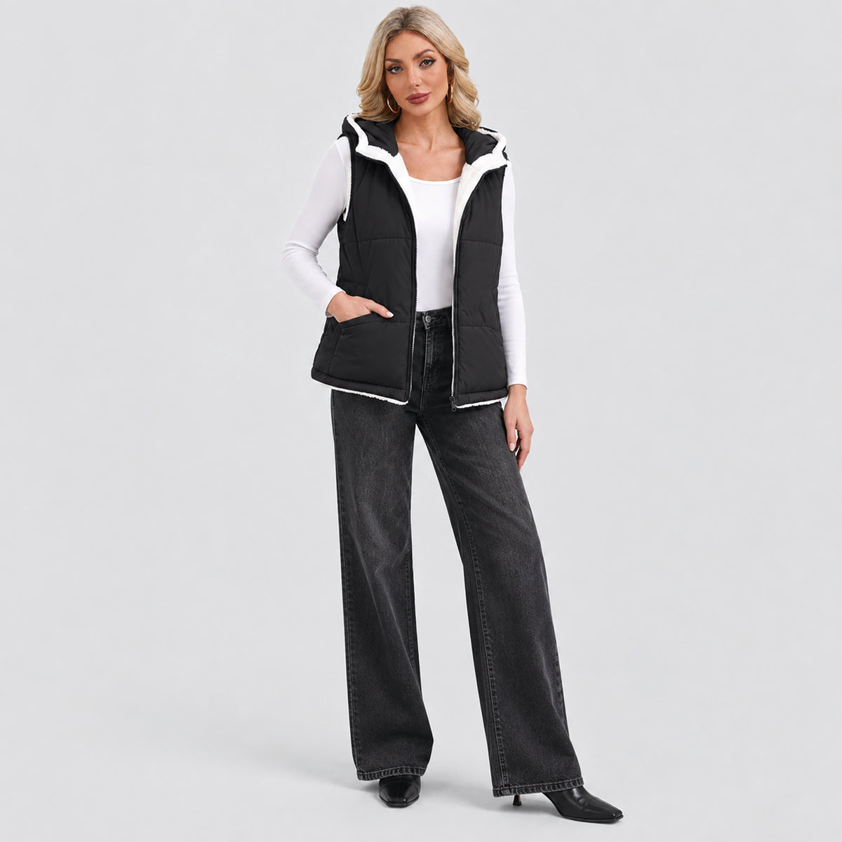 Women's Reversible Fleece Lined Puffer Vest Lightweight Winter Vest with Hood