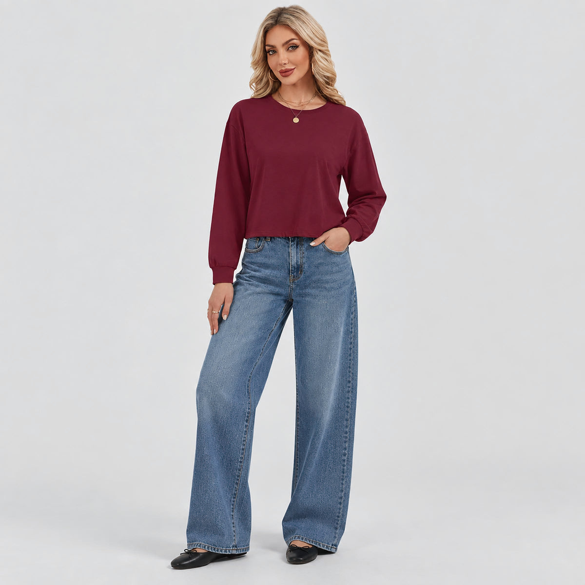 Women's Long Sleeve Cropped Top Crew Neck Casual Lightweight Shirt