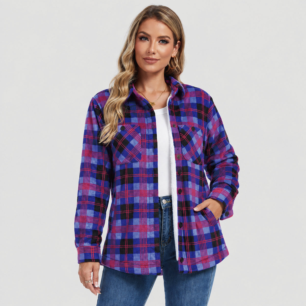 Women's Sherpa Lined Plaid Shacket Warm Flannel Jacket for Fall Winter