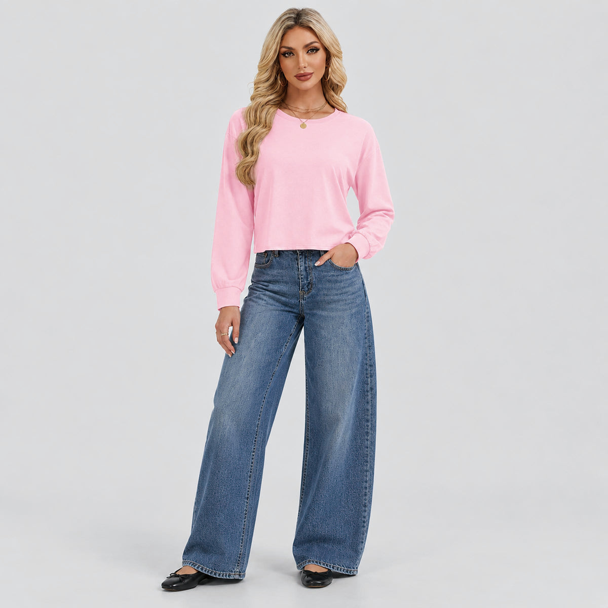 Women's Long Sleeve Cropped Top Crew Neck Casual Lightweight Shirt