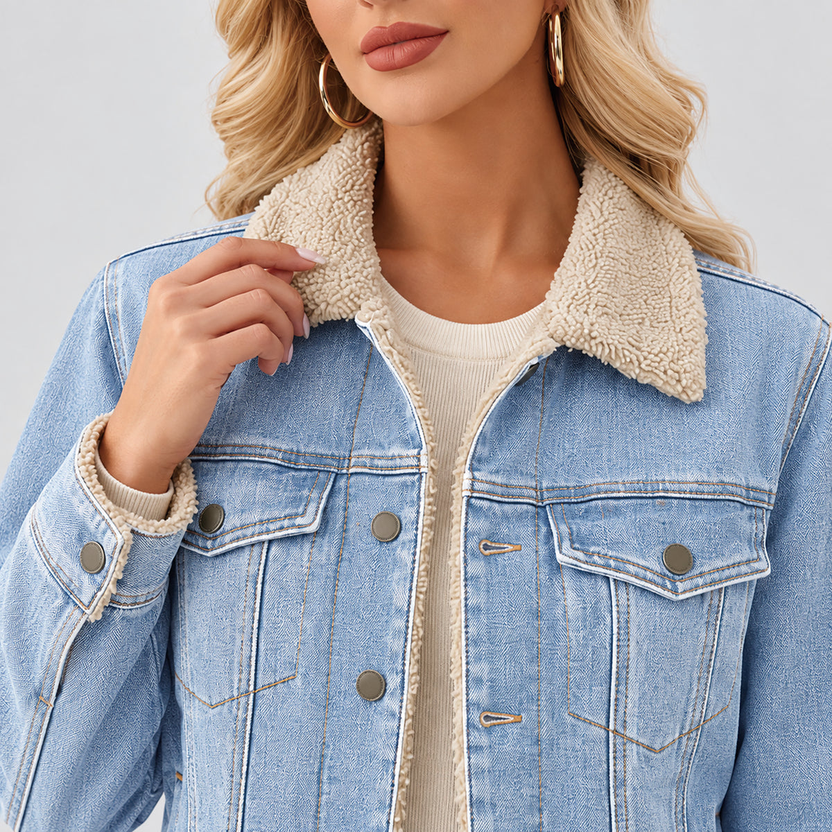 Women's Fleece-Lined Denim Jacket with Warm Collar and Pockets