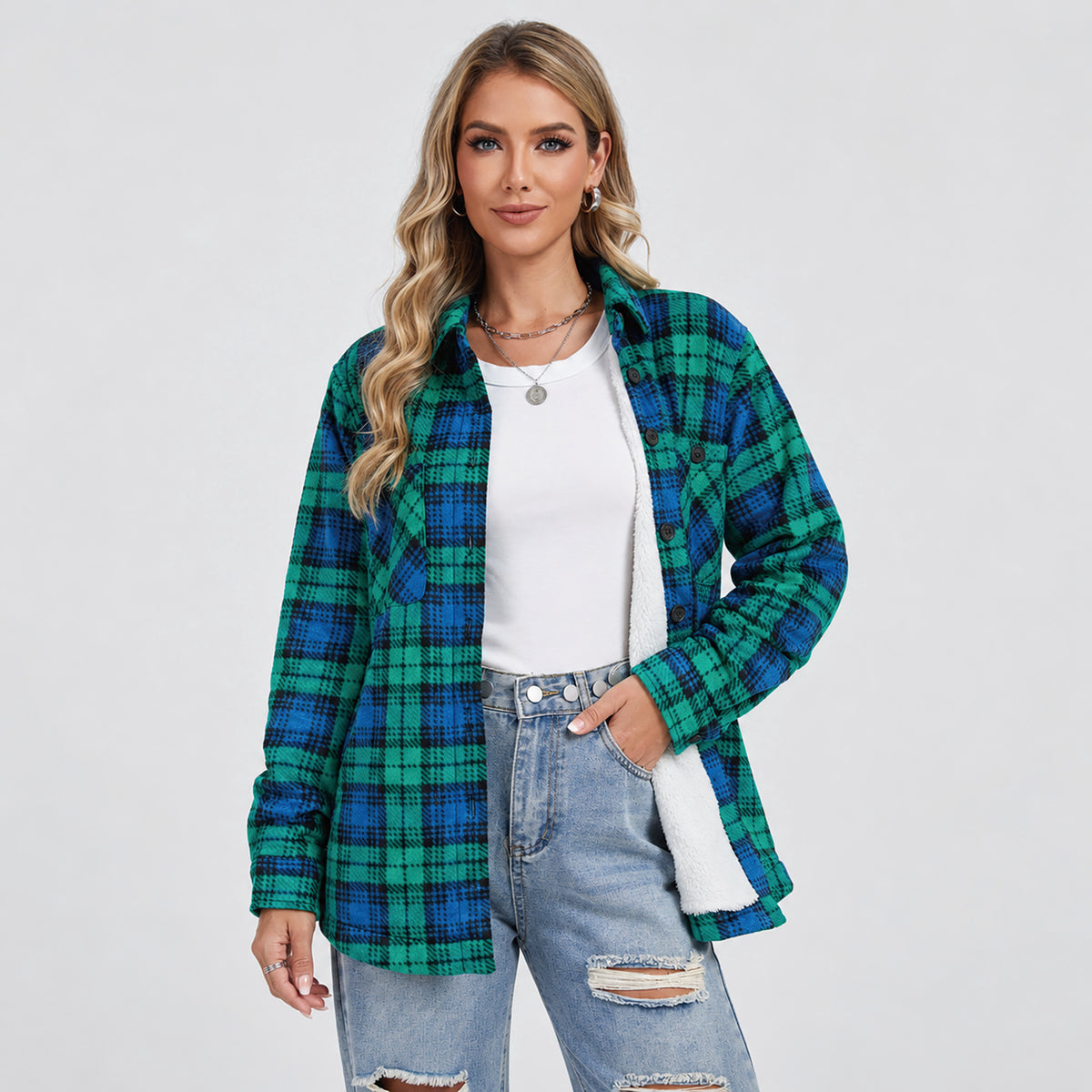 Women's Sherpa Lined Plaid Shacket Warm Flannel Jacket for Fall Winter