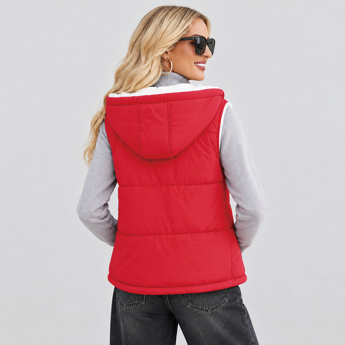 Women's Reversible Fleece Lined Puffer Vest Lightweight Winter Vest with Hood