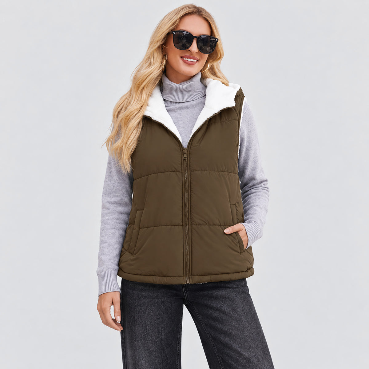 Women's Reversible Fleece Lined Puffer Vest Lightweight Winter Vest with Hood