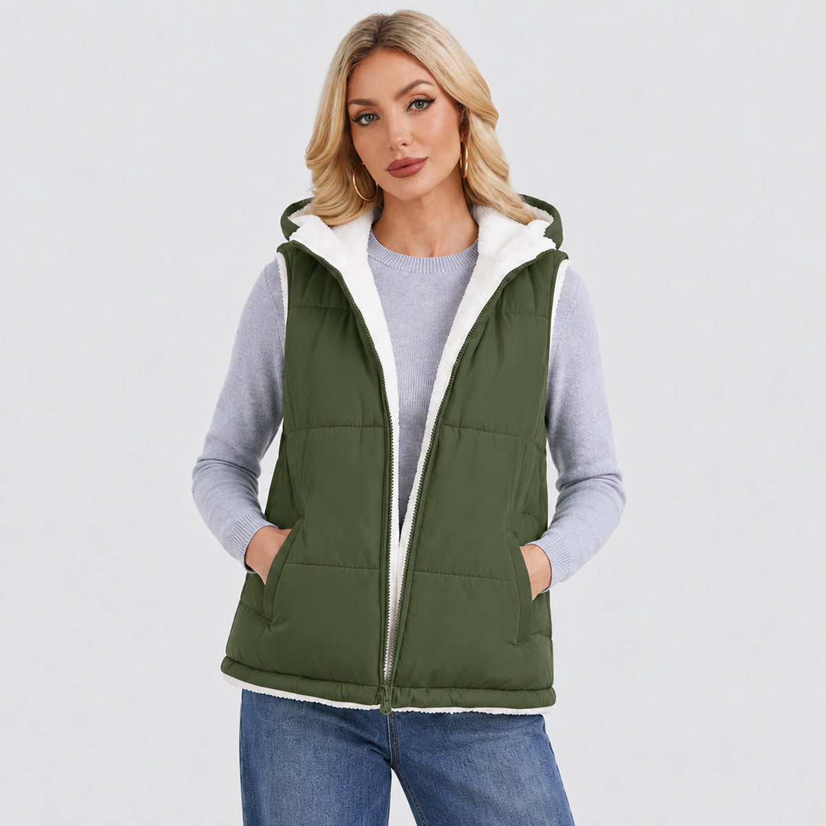 Women's Reversible Fleece Lined Puffer Vest Lightweight Winter Vest with Hood