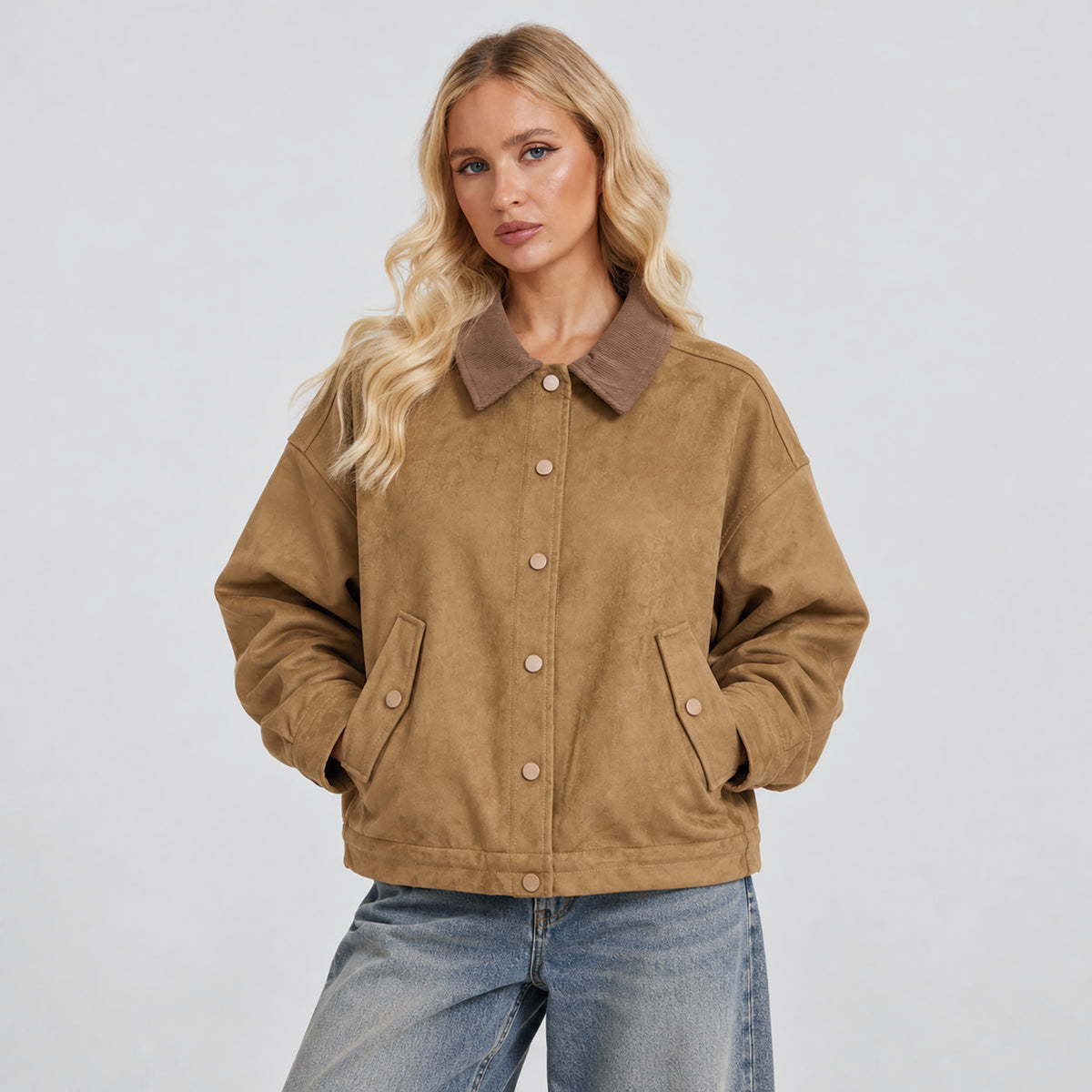 Women's Brown Suede Jacket Corduroy Collar Cropped Casual Outerwear
