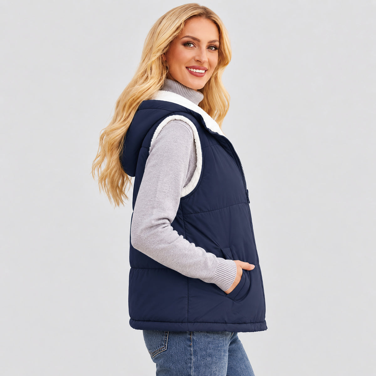 Women's Reversible Fleece Lined Puffer Vest Lightweight Winter Vest with Hood