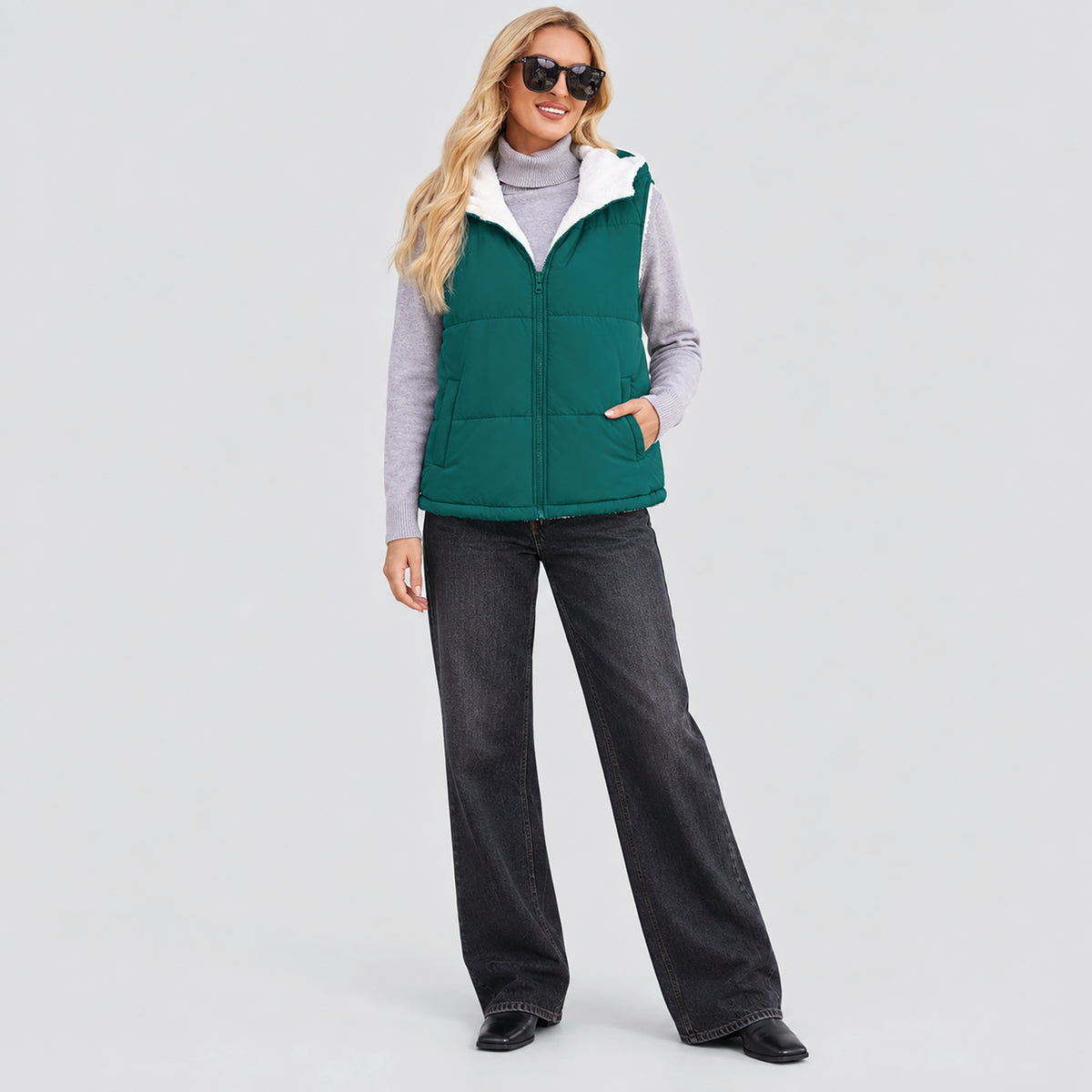 Women's Reversible Fleece Lined Puffer Vest Lightweight Winter Vest with Hood