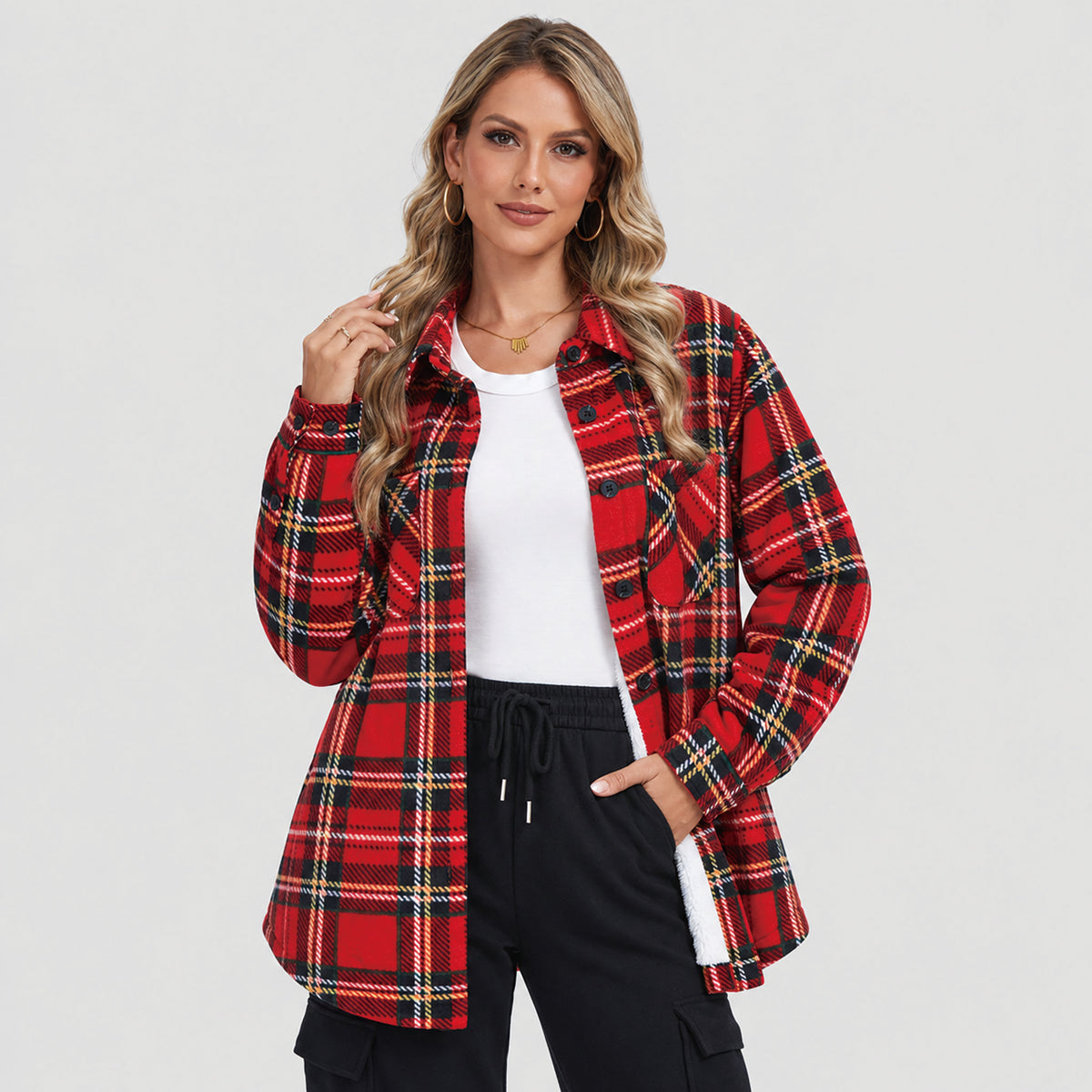 Women's Sherpa Lined Plaid Shacket Warm Flannel Jacket for Fall Winter