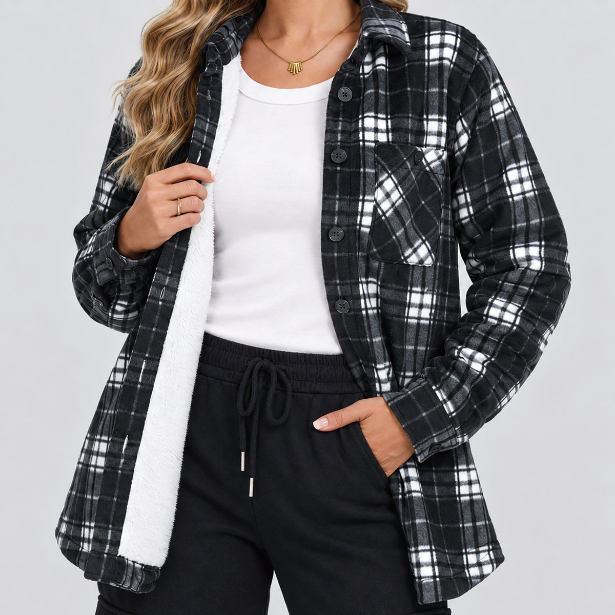 Women's Sherpa Lined Plaid Shacket Warm Flannel Jacket for Fall Winter