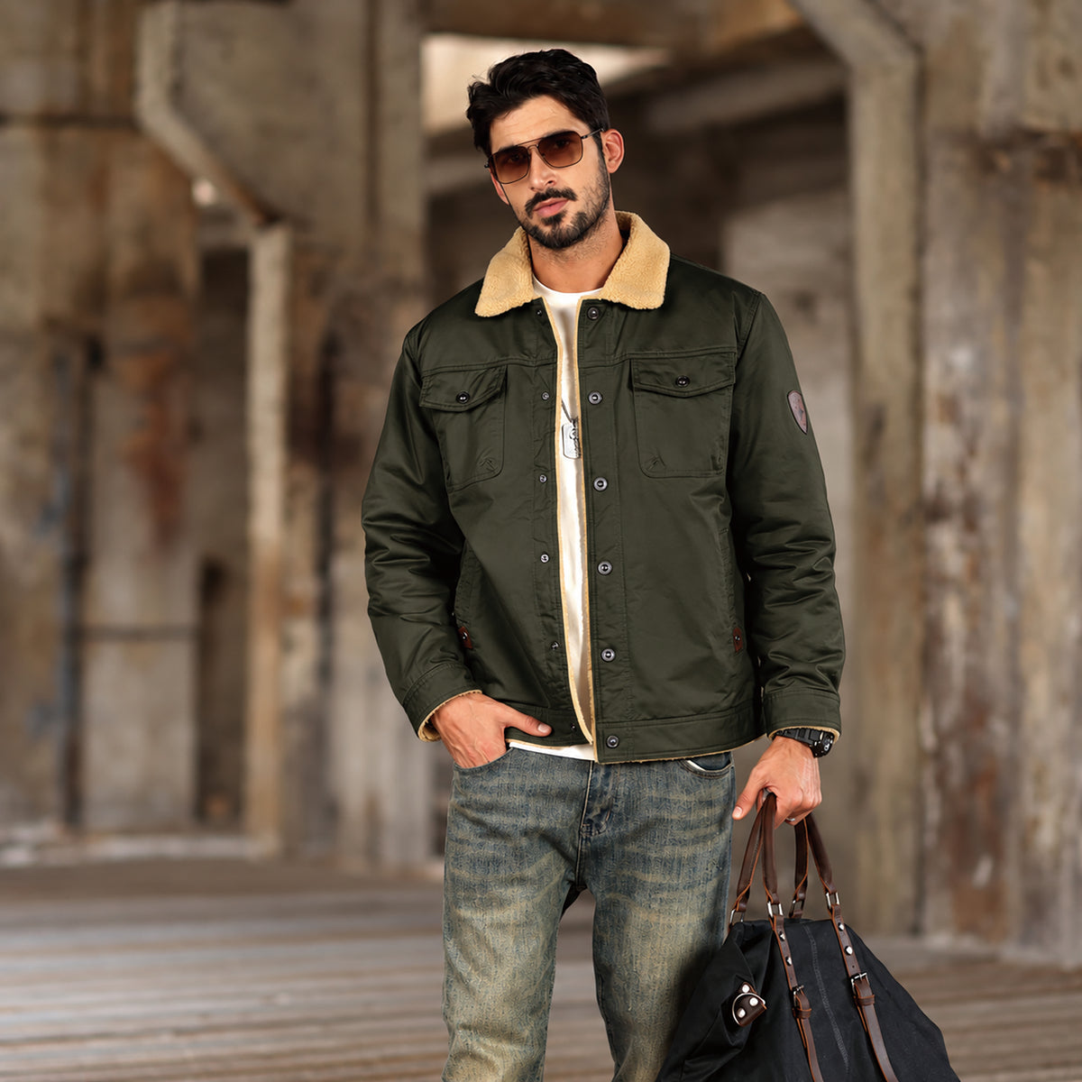 Men's Sherpa Lined Trucker Jacket | Casual Denim Canvas Coat