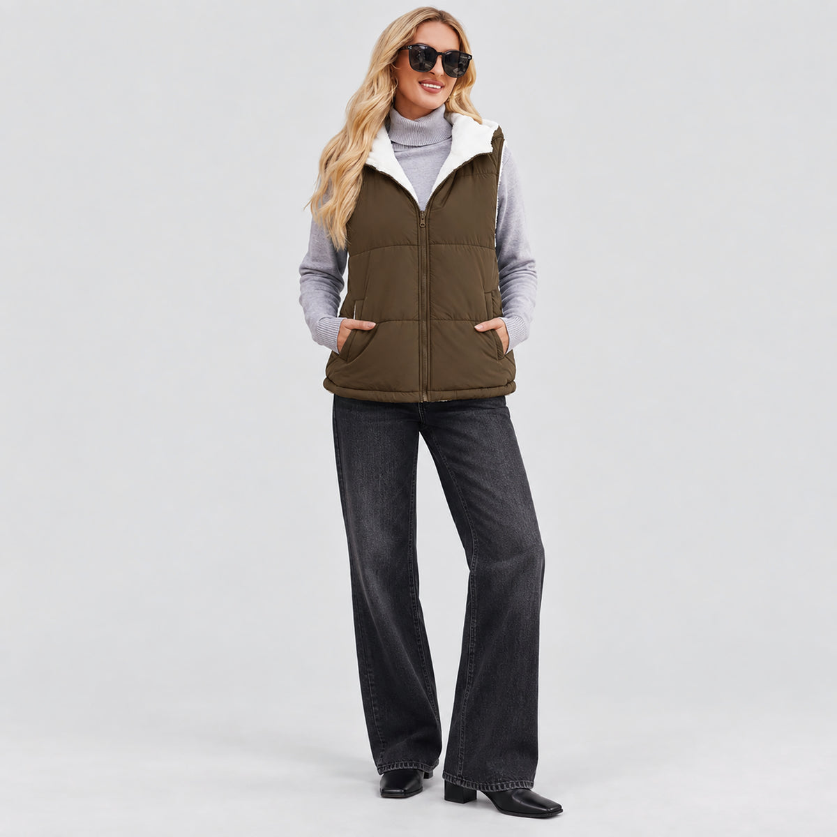 Women's Reversible Fleece Lined Puffer Vest Lightweight Winter Vest with Hood