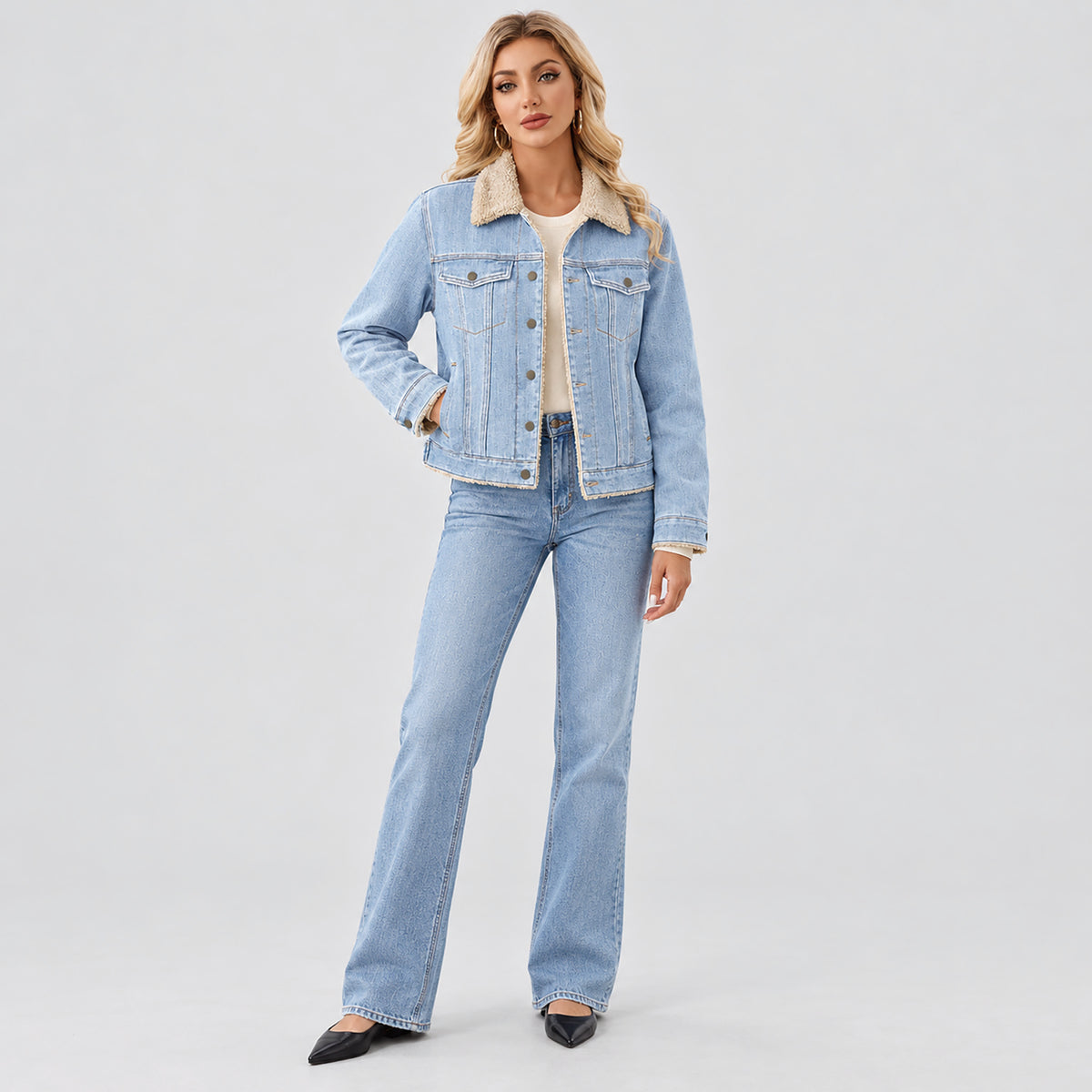 Women's Fleece-Lined Denim Jacket with Warm Collar and Pockets