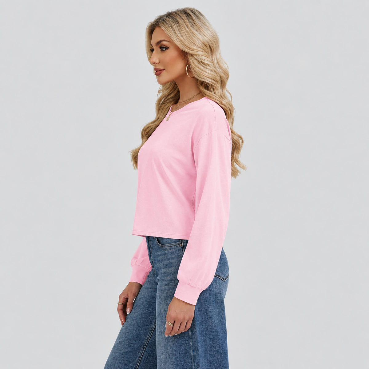 Women's Long Sleeve Cropped Top Crew Neck Casual Lightweight Shirt