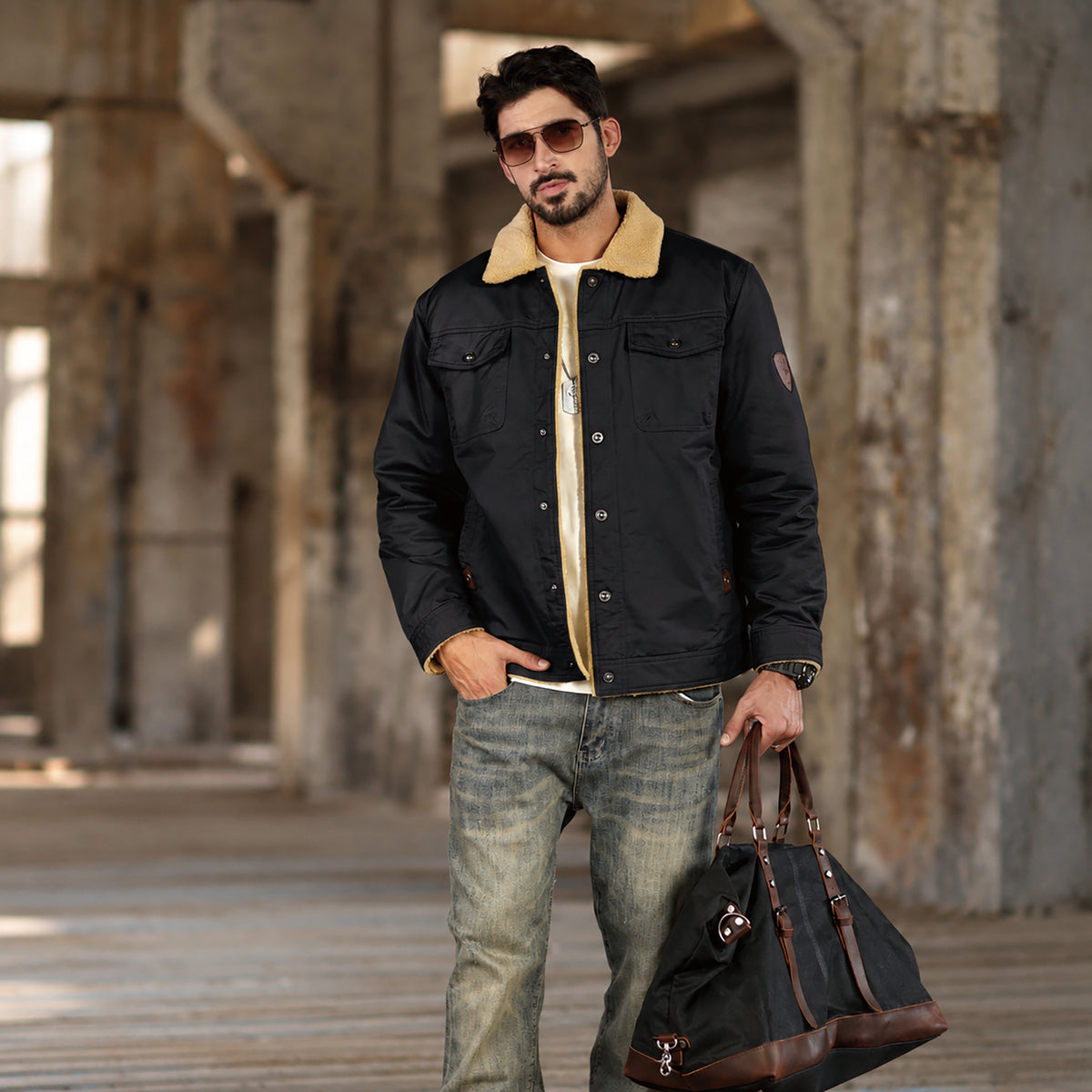 Men's Sherpa Lined Trucker Jacket | Casual Denim Canvas Coat