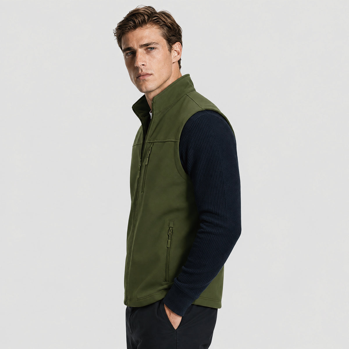 Men's Waterproof Softshell Vest 6-Pocket Fleece Lined Golf Windbreaker
