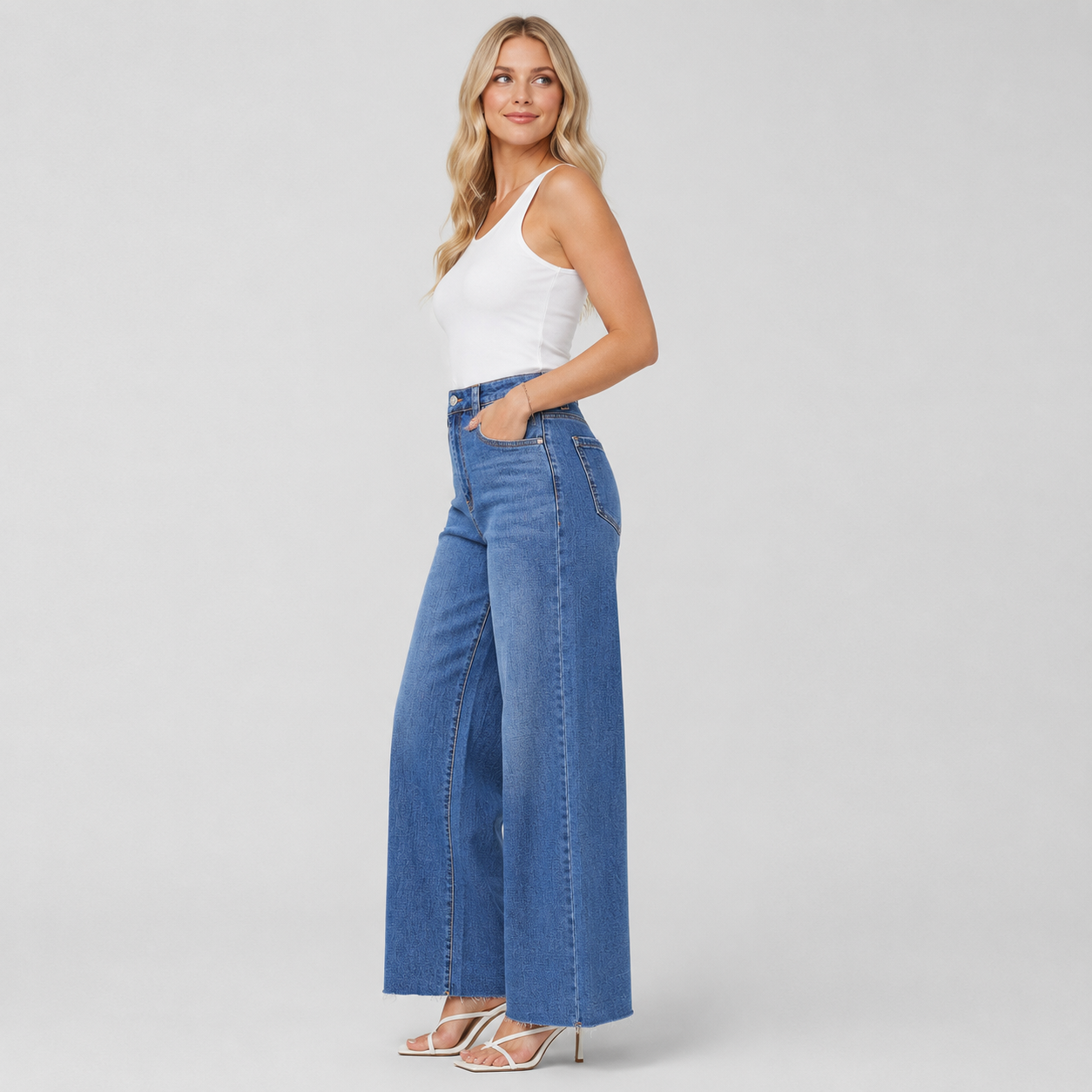 Women's High Waisted Wide Leg Jeans - Stretch Denim Pants with Raw Hem