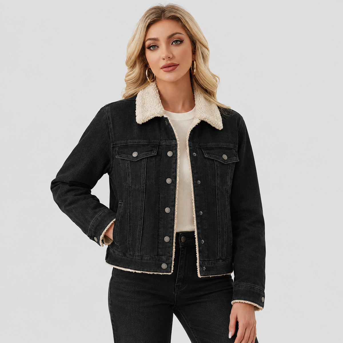 Women's Fleece-Lined Denim Jacket with Warm Collar and Pockets