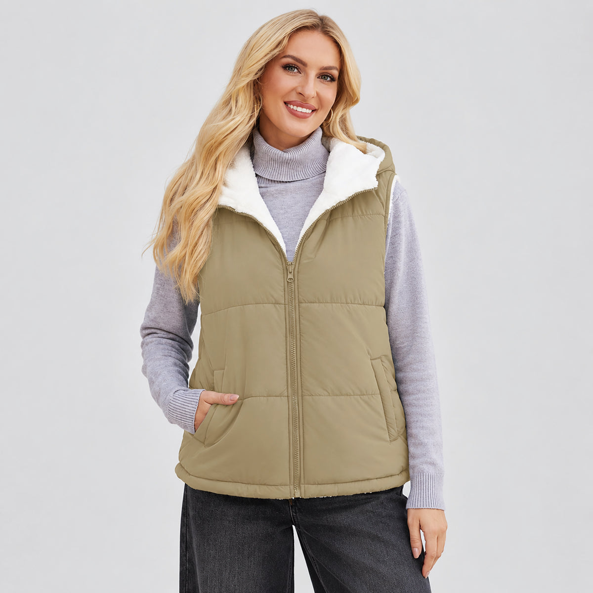 Women's Reversible Fleece Lined Puffer Vest Lightweight Winter Vest with Hood