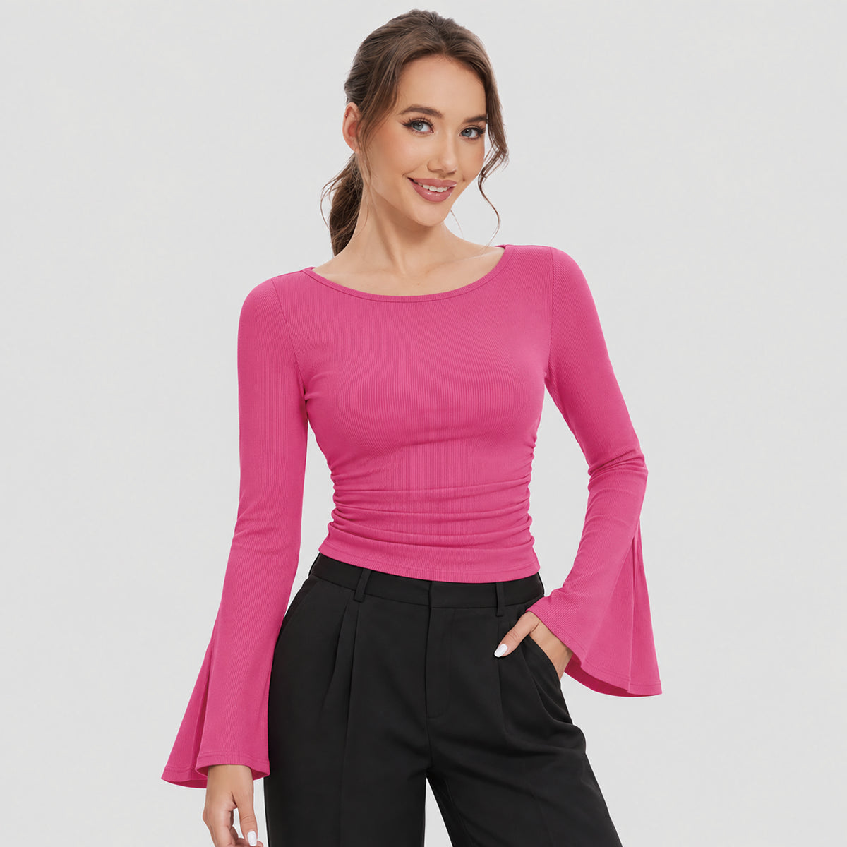 Women's Ribbed Boat Neck Long Sleeve Top Fitted Ruched Casual Shirt
