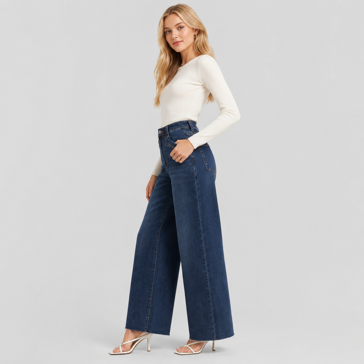Women's High Waisted Wide Leg Jeans - Stretch Denim Pants with Raw Hem