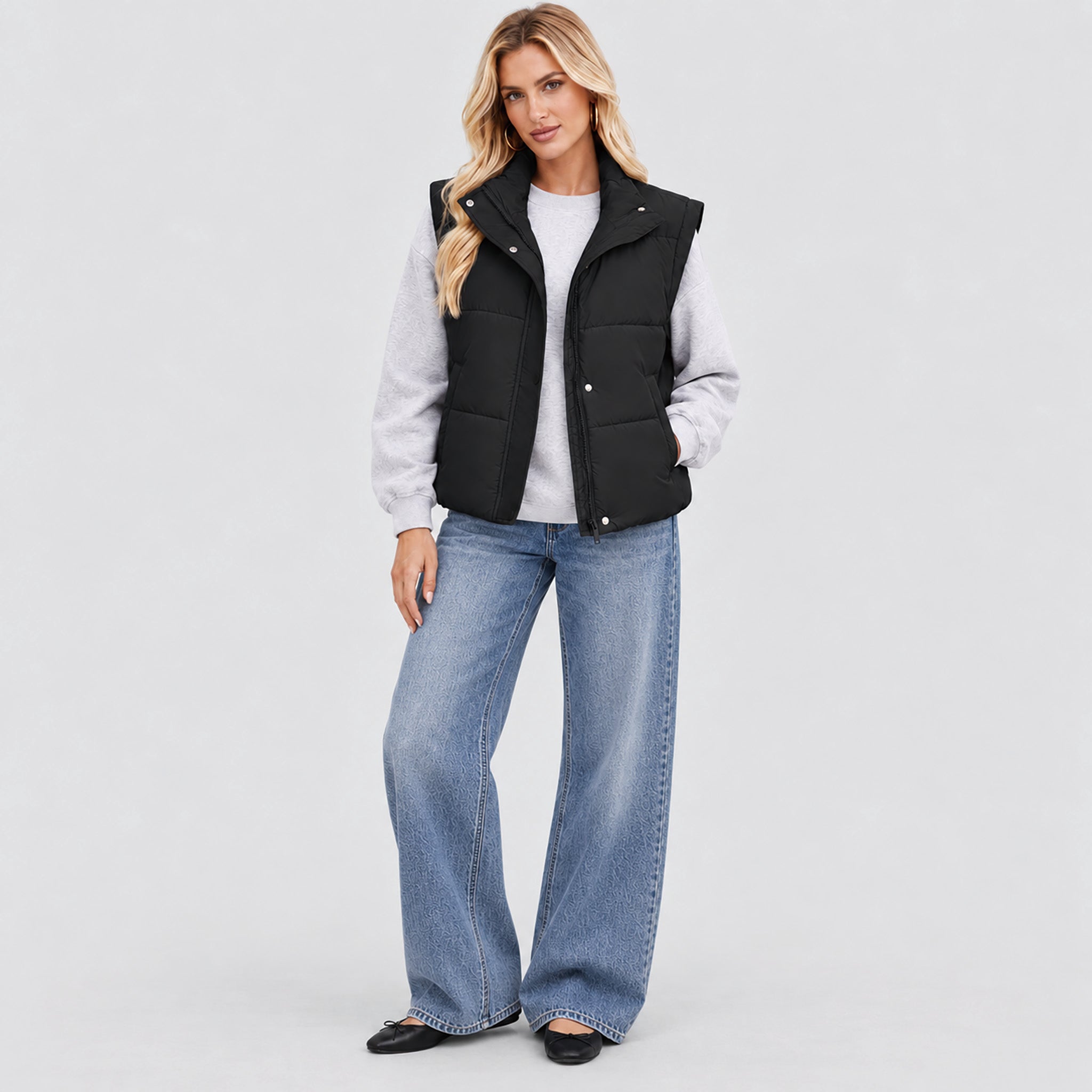 Womens Lightweight Cropped Puffer Vest with Stand Collar