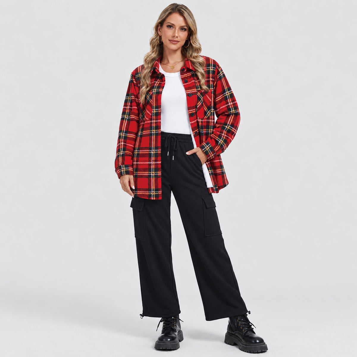 Women's Sherpa Lined Plaid Shacket Warm Flannel Jacket for Fall Winter