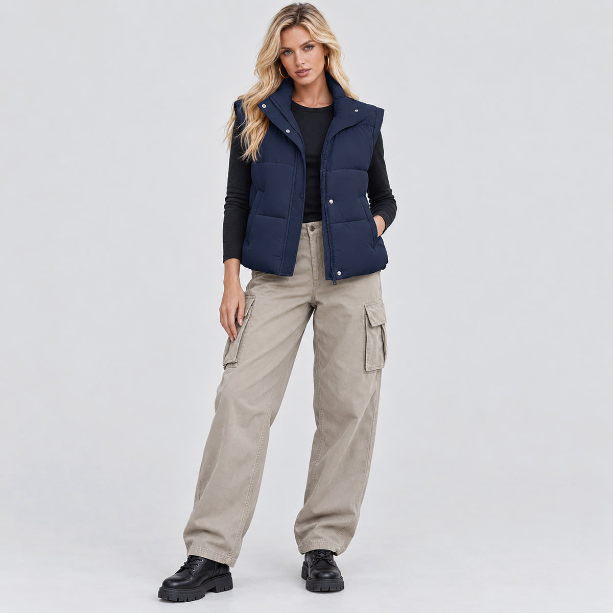 Womens Lightweight Cropped Puffer Vest with Stand Collar