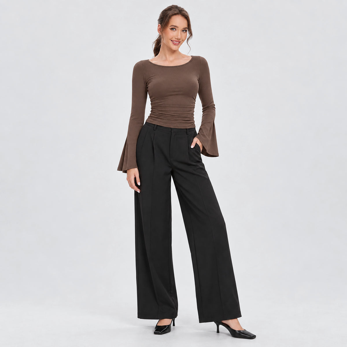 Women's Ribbed Boat Neck Long Sleeve Top Fitted Ruched Casual Shirt