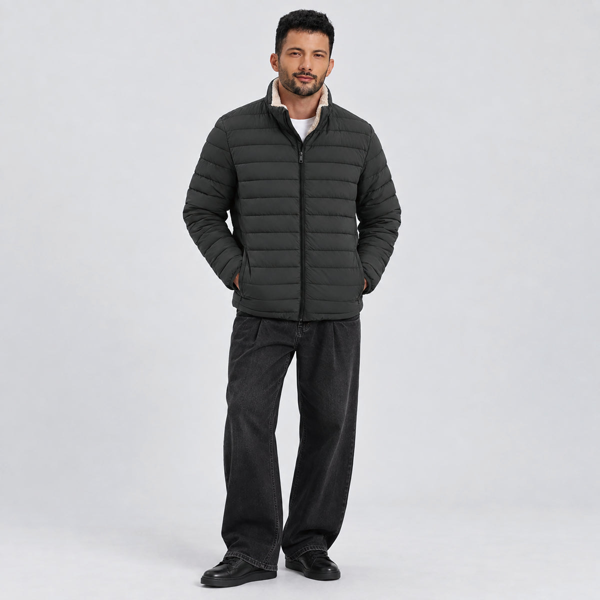 Men's Lightweight Puffer Jacket Sherpa Lined Warm Winter Coat