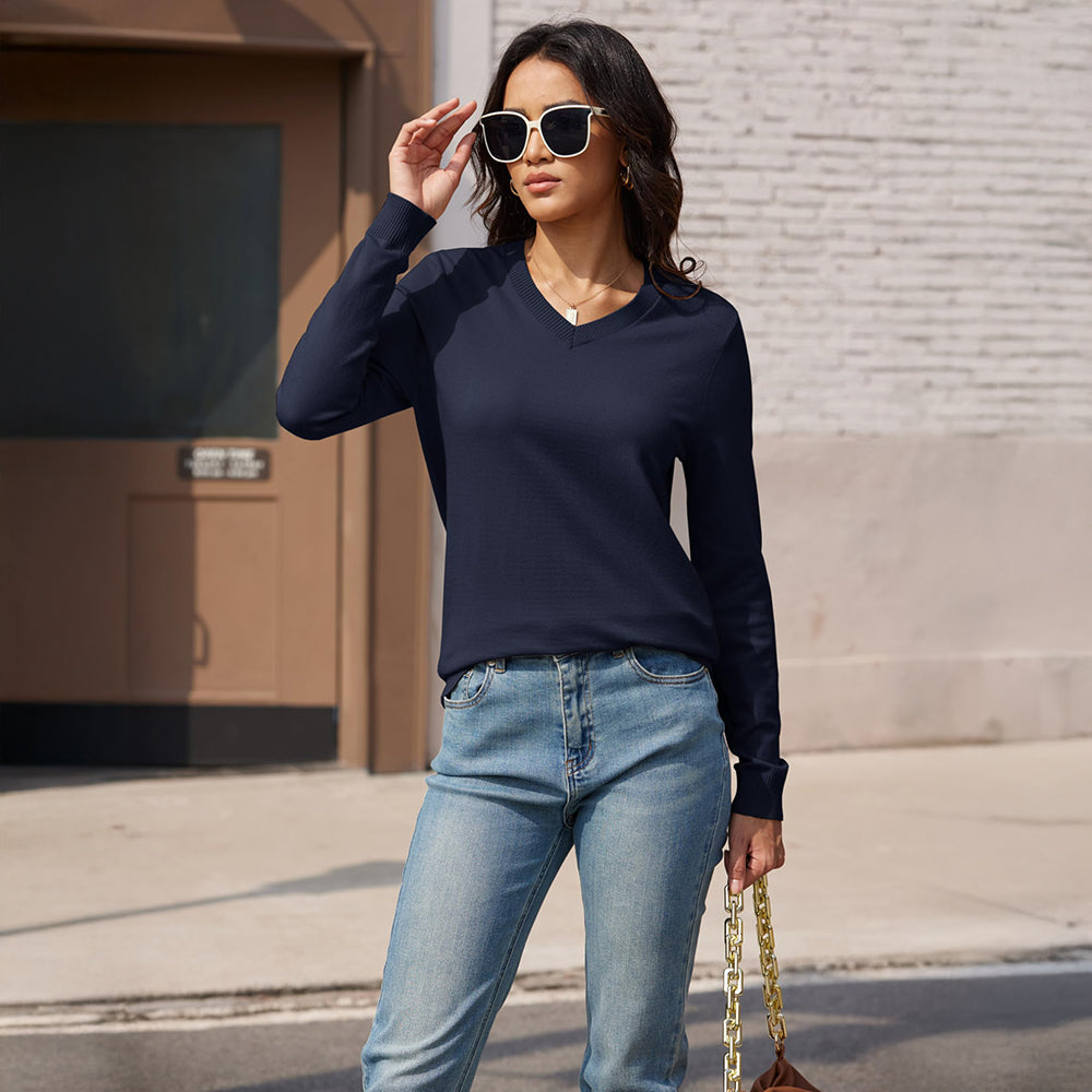 Women's V Neck Casual Knit Long Sleeve Sweater