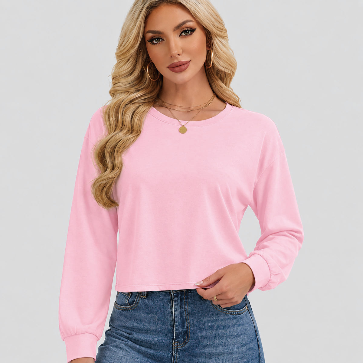 Women's Long Sleeve Cropped Top Crew Neck Casual Lightweight Shirt