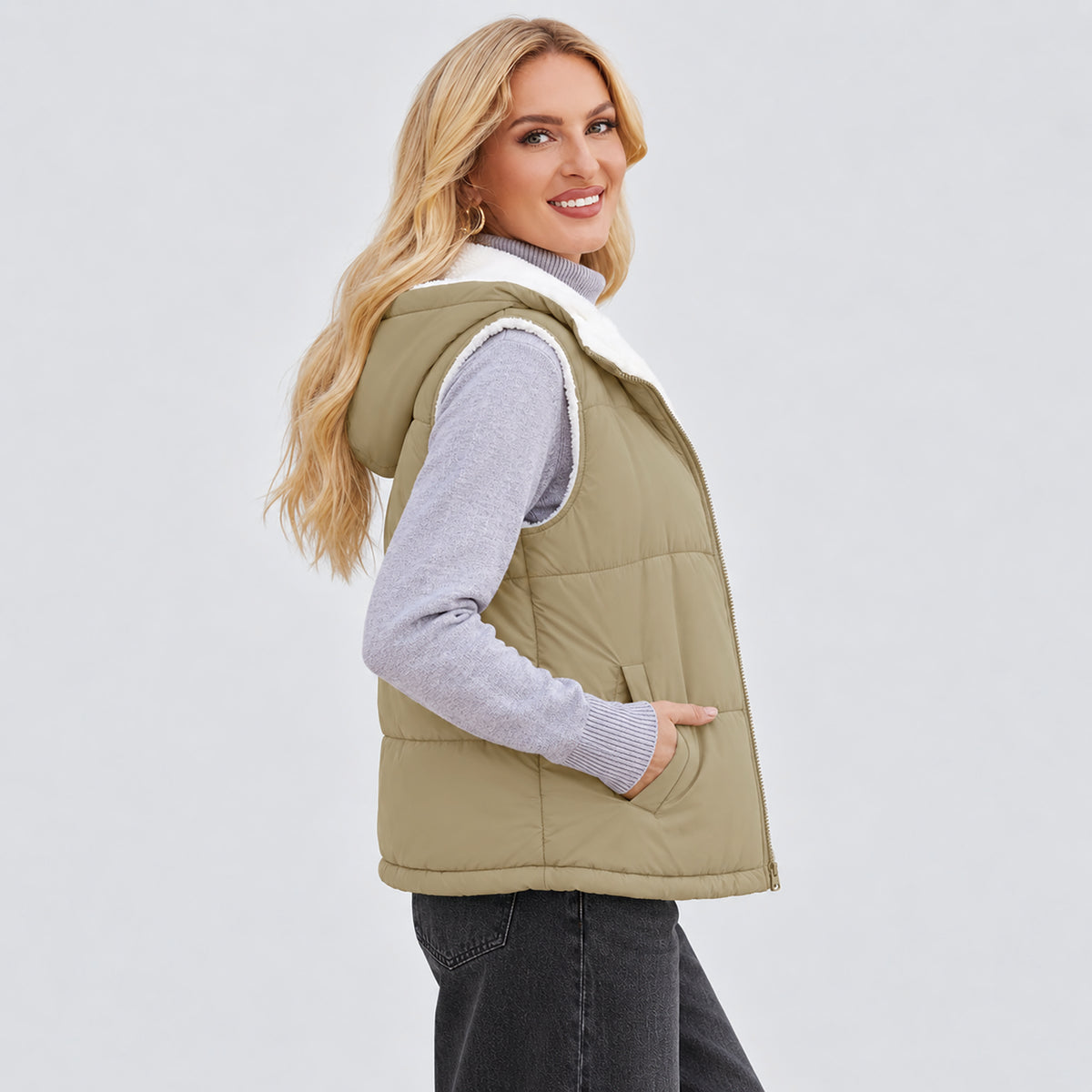 Women's Reversible Fleece Lined Puffer Vest Lightweight Winter Vest with Hood