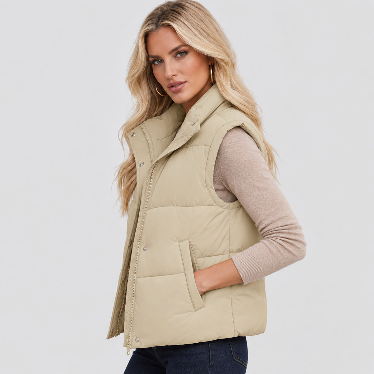 Womens Lightweight Cropped Puffer Vest with Stand Collar